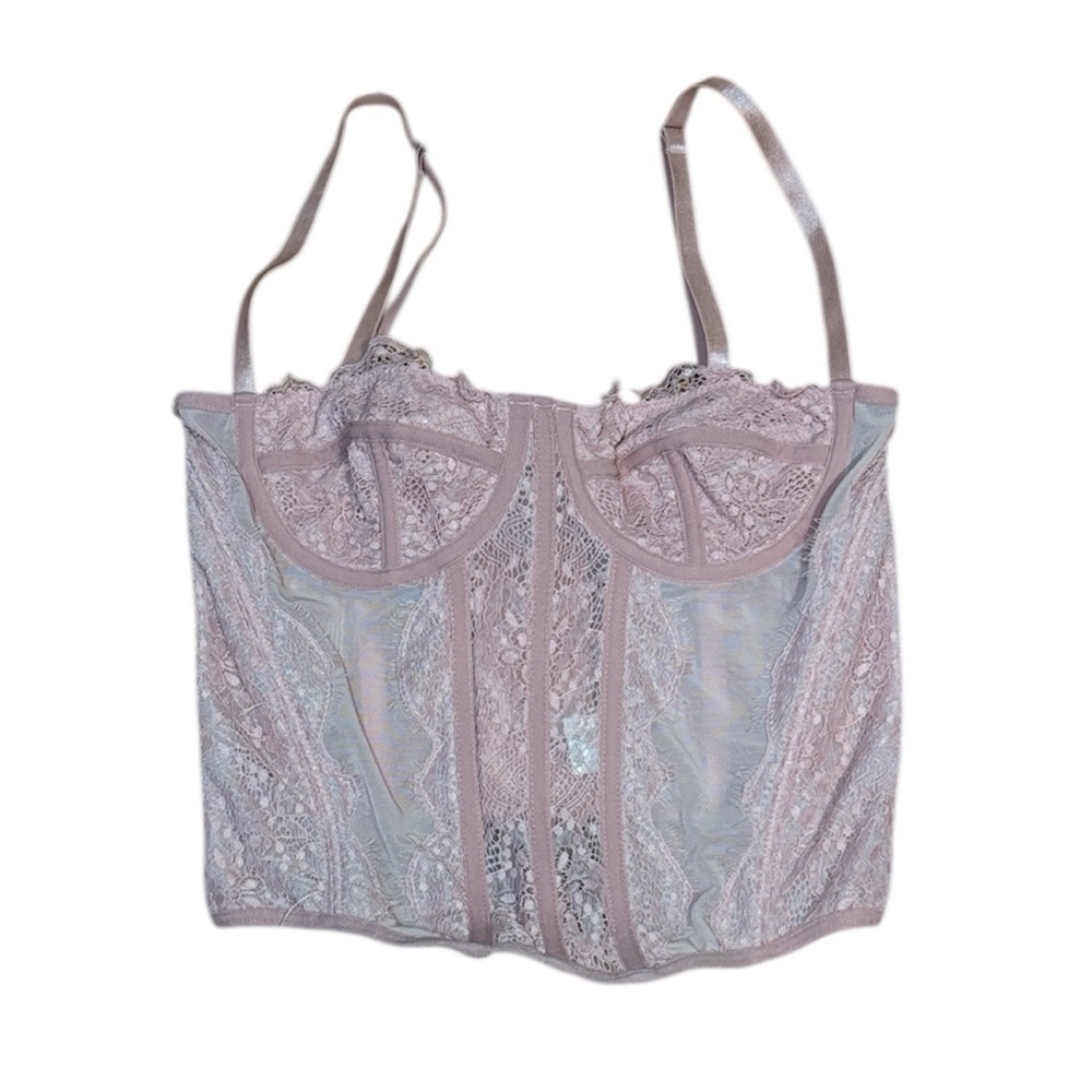 Lace corset, pale, peachy, pink, underwire, hook, and eye back closure, small